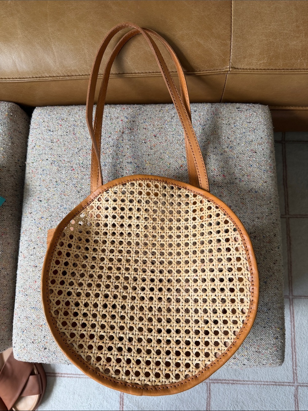 Round Leather Rattan Tote Bag from Bembien